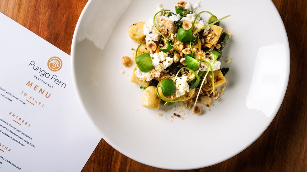 The Punga Fern Restaurant menu can include plate options like Gnocchi Agria which can be enjoyed with surrounding views of Endeavour Inlet in New Zealand's South Island Marlborough Sounds