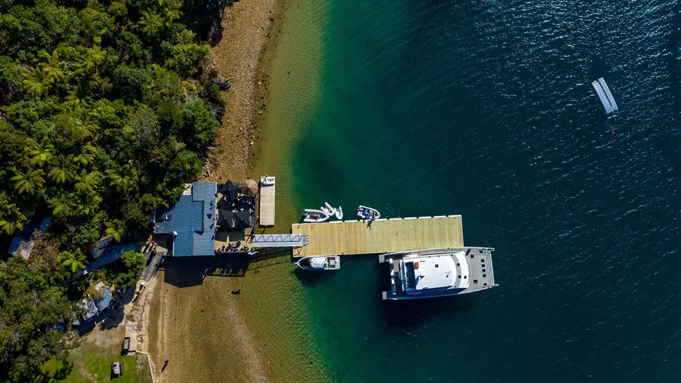 Boatshed Cafe and Bar and Punga Cove jetty shown from a birds eye view in the Marlborough Sounds in New Zealand's top of the South Island