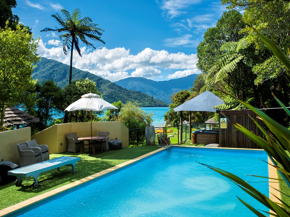 Swim at Punga Cove's accommodation pool which is one of the activities guests can do during their stay in the Marlborough Sounds in New Zealand's top of the South Island
