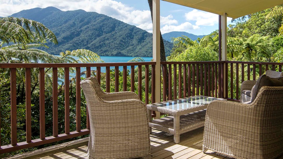 Some accommodation rooms such as Fern Studios include a private balcony with surrounding views of Punga Cove and Endeavour Inlet in the Marlborough Sounds in New Zealand's top of the South Island