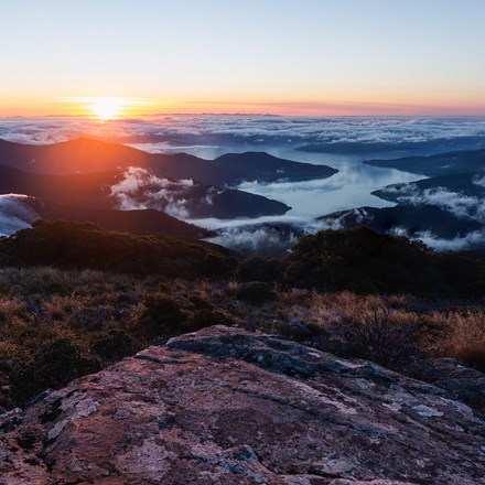 A beautiful sunrise from the top of Mount Stokes in the Marlborough Sounds in New Zealand's top of the South Island