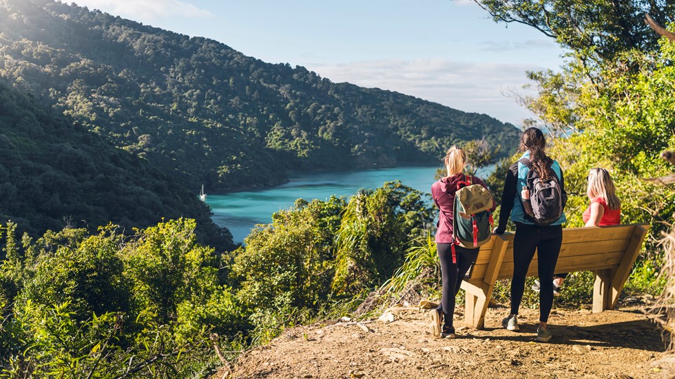 A group of three friends take a break to admire the scenic views along a Queen Charlotte Track saddle in the Marlborough Sounds in New Zealand's top of the South Island