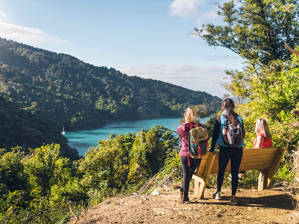 A group of three friends take a break to admire the scenic views along a Queen Charlotte Track saddle in the Marlborough Sounds in New Zealand's top of the South Island